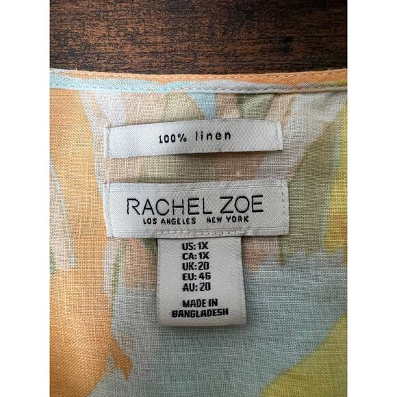 Rachel Zoe 100% Linen Tunic Shirt Button Up Pastel Floral Roll Tab Plus Size 1X - Picture 7 of 8